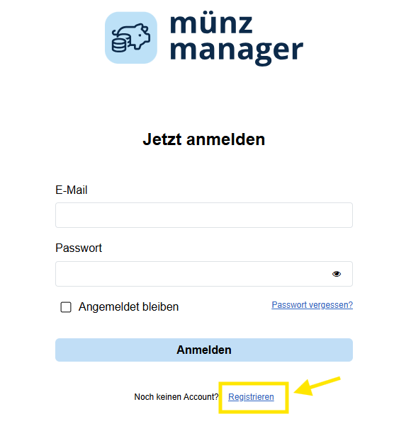Anmeldeseite mit „Registrieren“