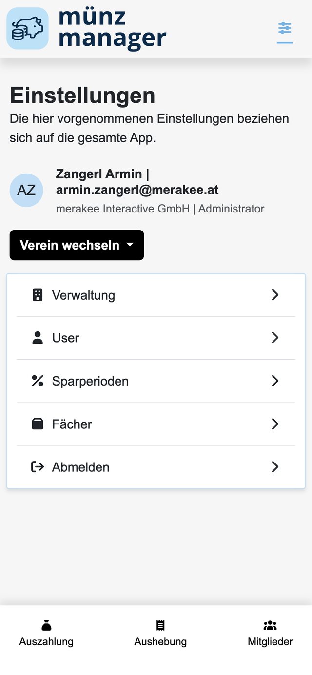 Einstellungen mit „Verein wechseln“